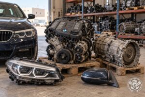 تصميم توضيحي لتشليح قطع غيار بي ام دبليو يضم مكينة وقيرًا وشمعة ومرآة بجوار سيارة BMW